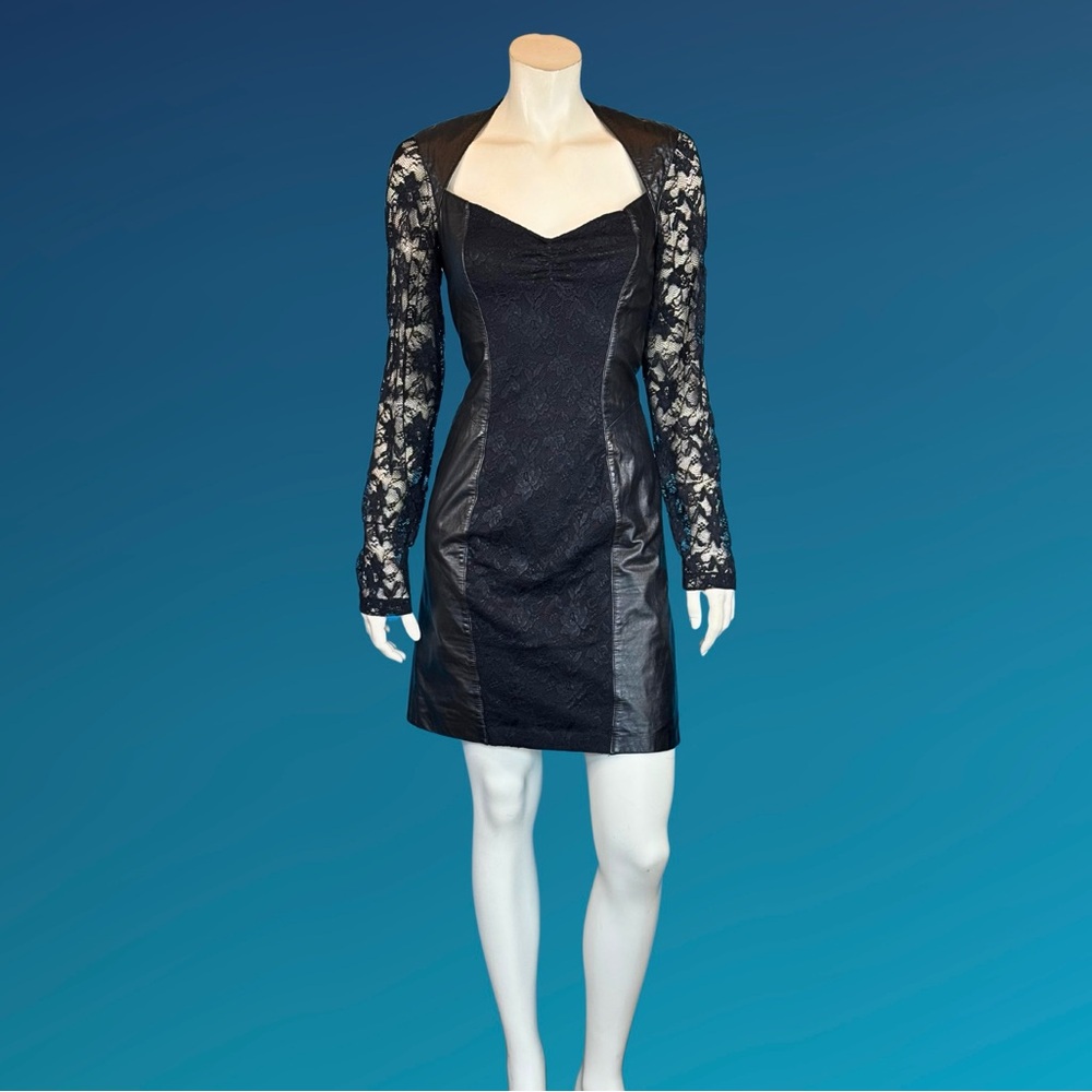 Vampy LEATHER & LACE Black OPeN Back Mini Dress / 80s 90s Goth / S